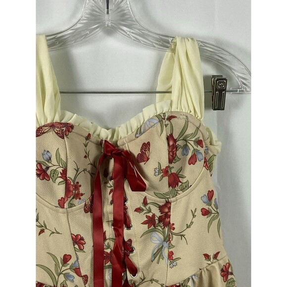 Women’s German Style Cosplay Dress Sz S Red Florals Tie Bodice Puff Off Shoulder - Picture 3 of 16